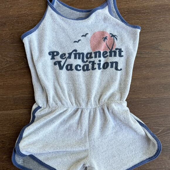 Tiny Whales Girls Permanent Vacation Logo Romper Sz 5 - Picture 1 of 3